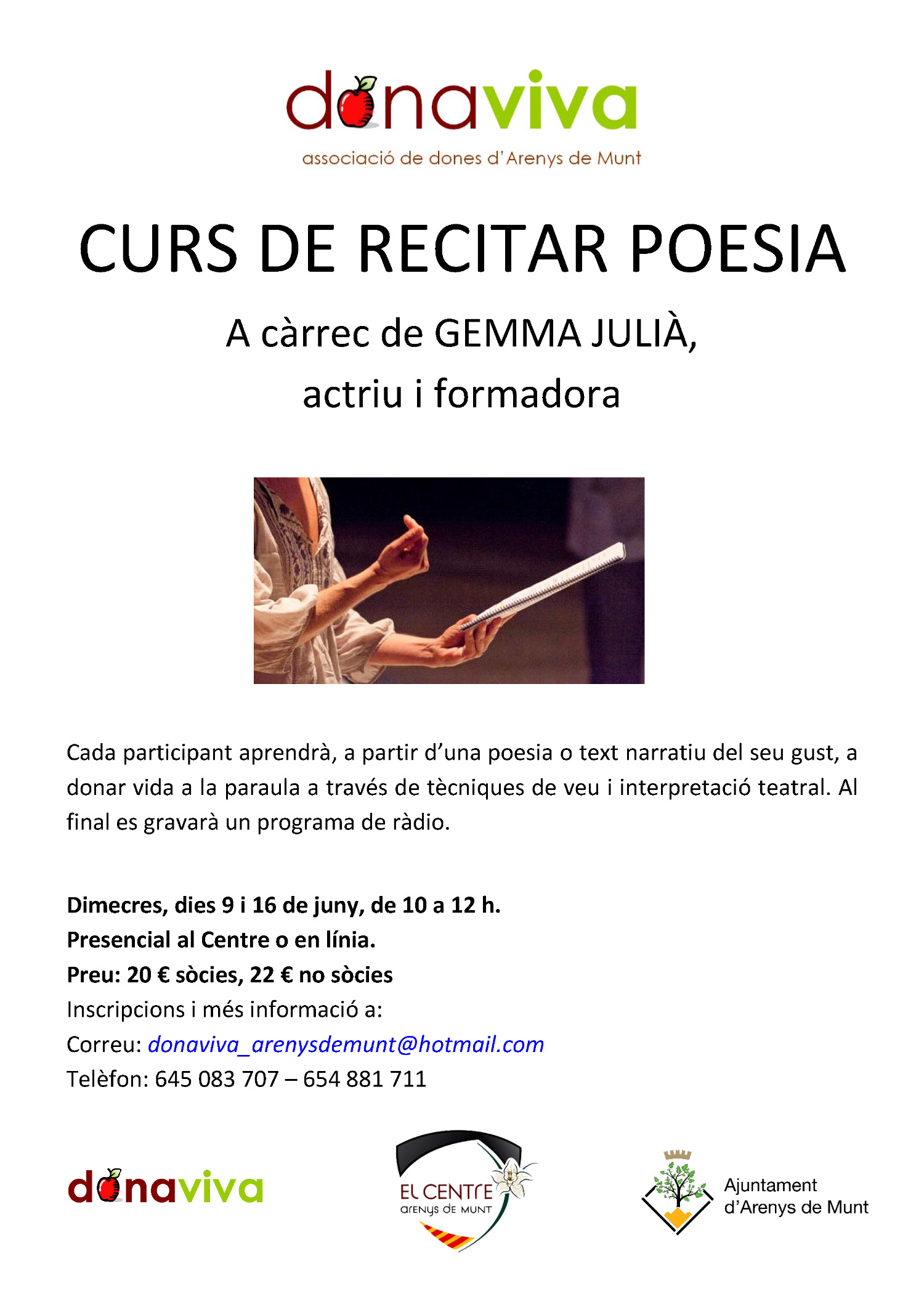Cartell Curs de recitar poesia Donaviva Gemma Julià 9 i 16-6-21