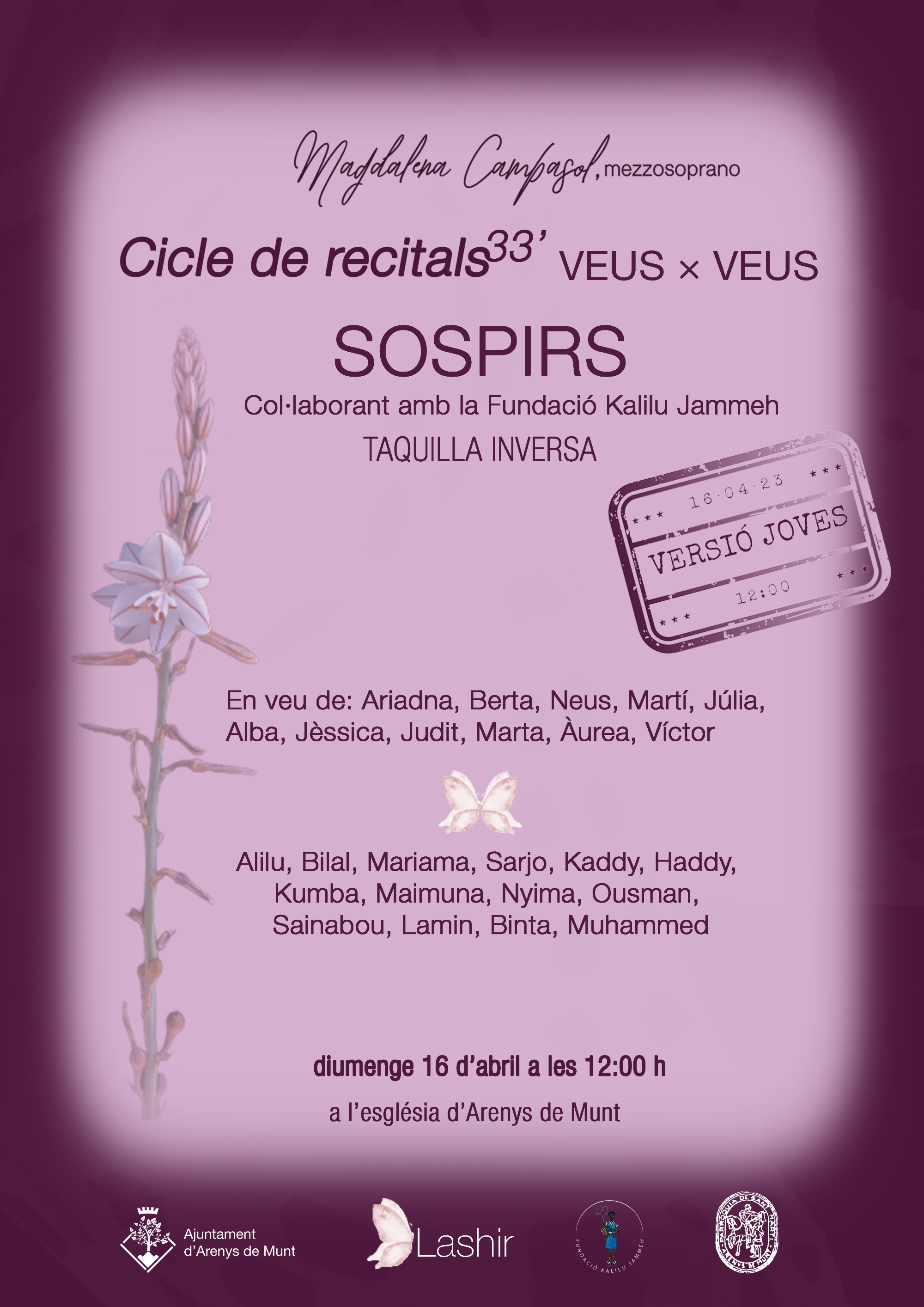 Cartell Cicle de Recitals 33' Sospirs Veus x Veus Edició Joves Solidaris Lashir Studio 16-4-23